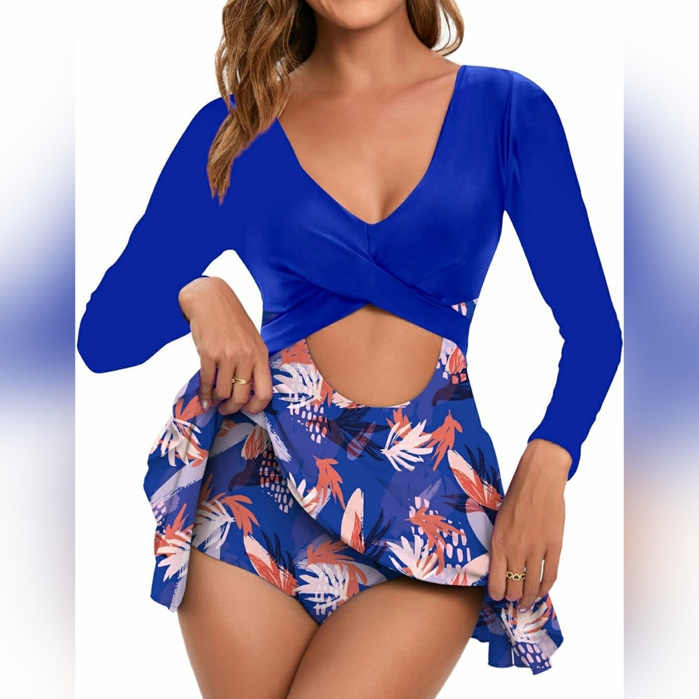Blue Floral Women's Long Sleeve Swim Dress